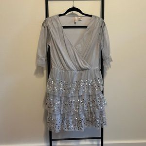 H&M silver sequin ruffle puff sleeve tulle dress